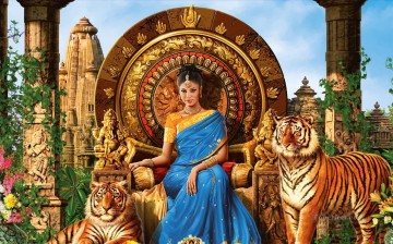 indienne Tableau Peinture - Dame indienne et tigres